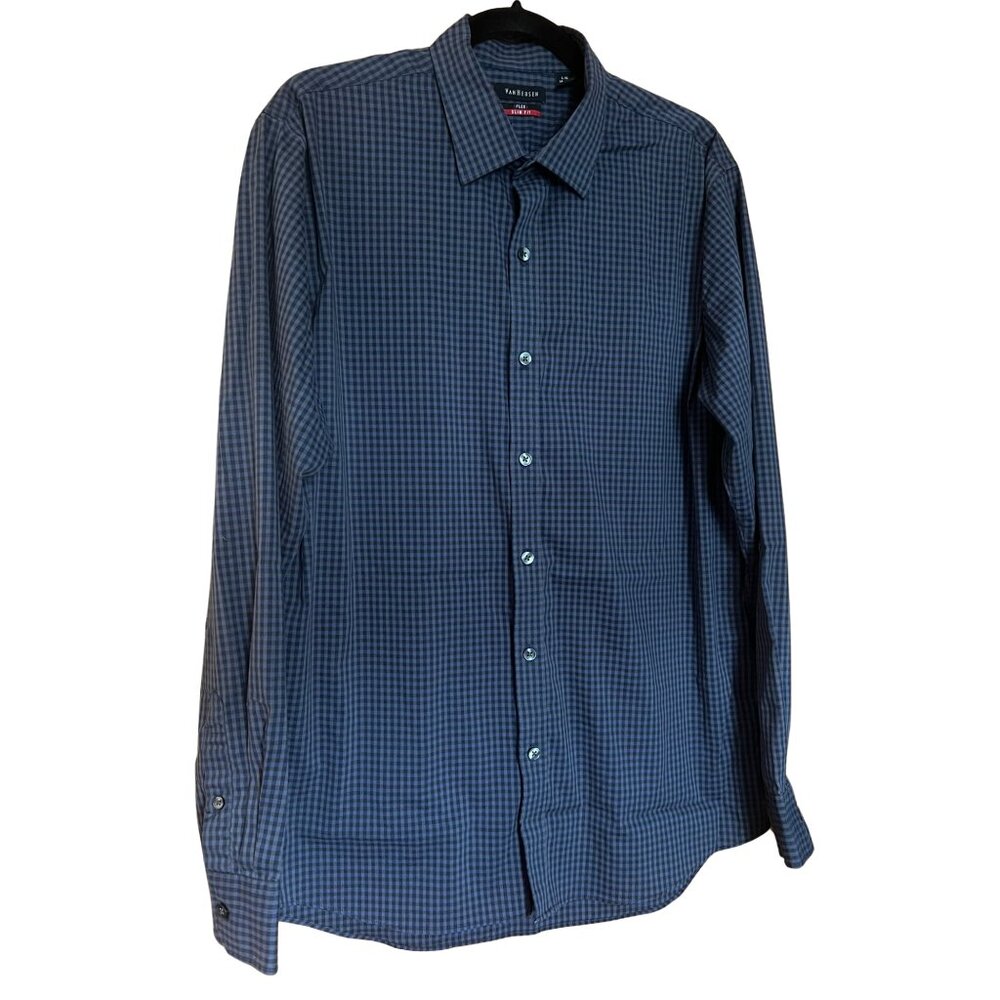 Collared Navy Checkered Dress Shirt // Van Heusen Flex Slim Fit Men's Size XL
